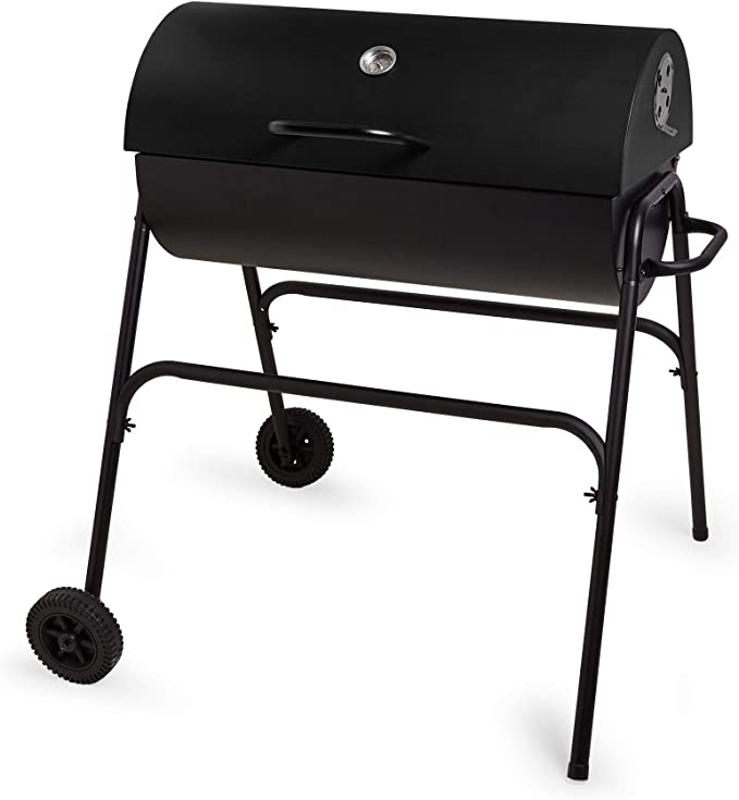 VonHaus Barrel Charcoal BBQ – Barbecue with Large Cooking Grill, Warming Rack, Adjustable Height & Temperature Gauge – Portable Wheels – Can Be Used as a Smoker – Powder Coated Steel