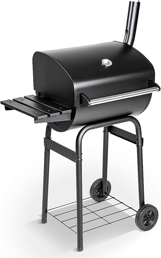 BillyOh Charcoal BBQ Grill | Barrel Barbeque with Side Shelf | Portable Barbecue with Wheels | Black BBQ 79x124x48cm | Outdoor Charcoal Grill | Patio Garden Barbeque